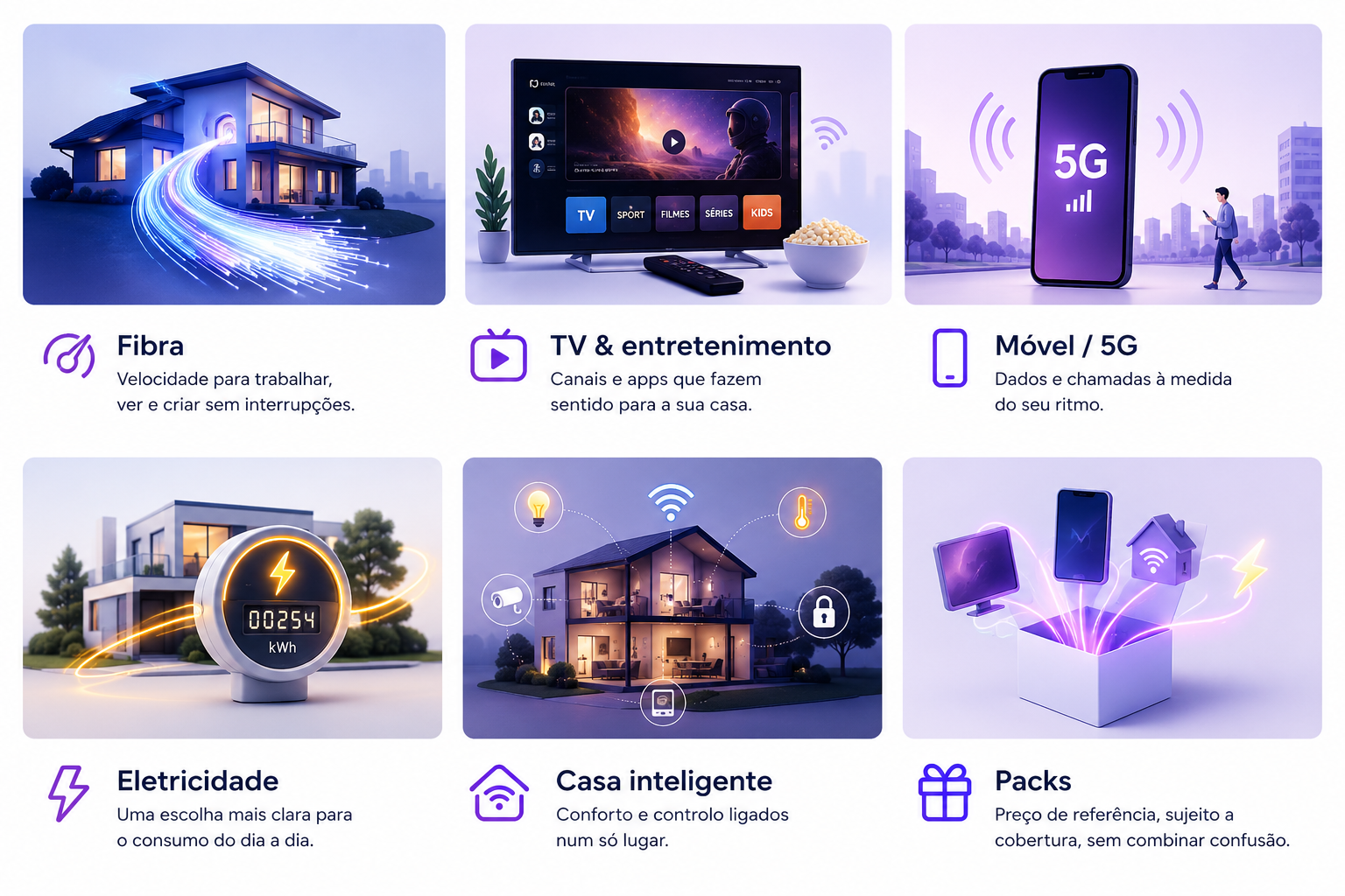 Serviços LIGA: Fibra, TV, Móvel, Eletricidade, Casa inteligente, Packs